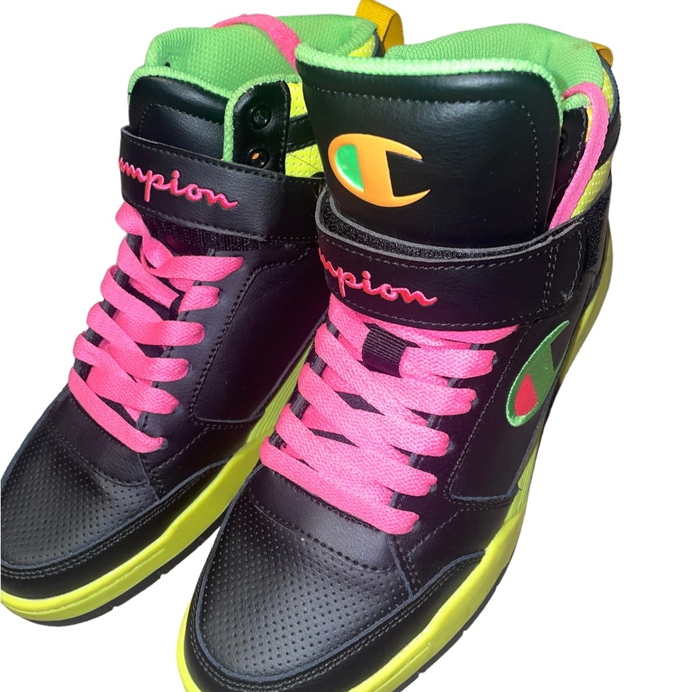 CHAMPION High-Tops Sneakers in Black with Neon Green, Yellow & Pink Logo / Trim